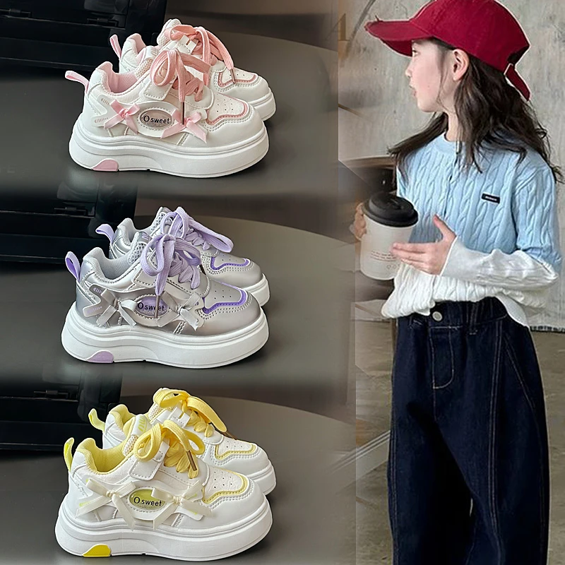 

Новинка 2024 года, детская обувь с бантом для девочек, повседневная обувь для досок, модели четырех сезонов, мягкие студенческие детские кроссовки Детская Обувь