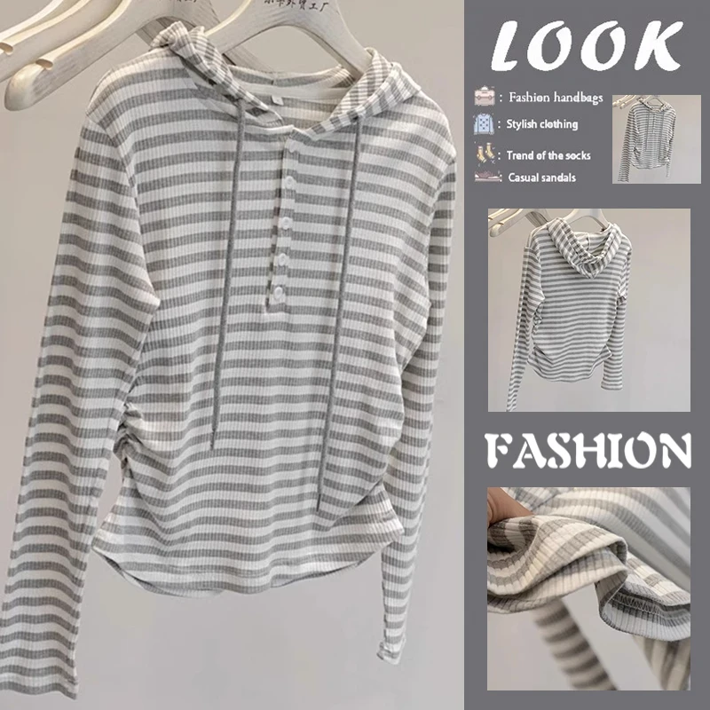 Elegant Lady Stripe Long Sleeve T-Shirt Hooded Base Shirt Slim Fit Fashionable Sun Protection Coat Short Length Casual Wear