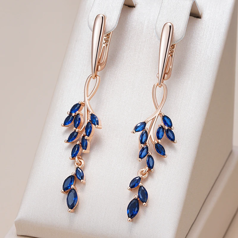 Kinel Full Blue Natural Zircon Leaf Shape Long Dangle Earrings For Women Fashion 585 Rose Gold Color High Quality Daily Jewelry