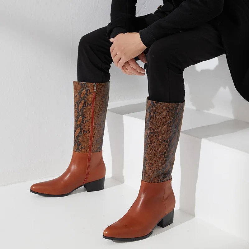 Knee High Men Boots with Heels Autumn Luxury Genuine Leather Fashion Snake Pattern Winter Warm Shoes for Male Brown Boots Zipper