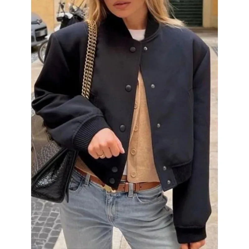 

Krismile Blue Jackets for Women 2025 Straight Baseball Collar Long Sleeve Single Breasted Pockets Casual Outercoat 190987