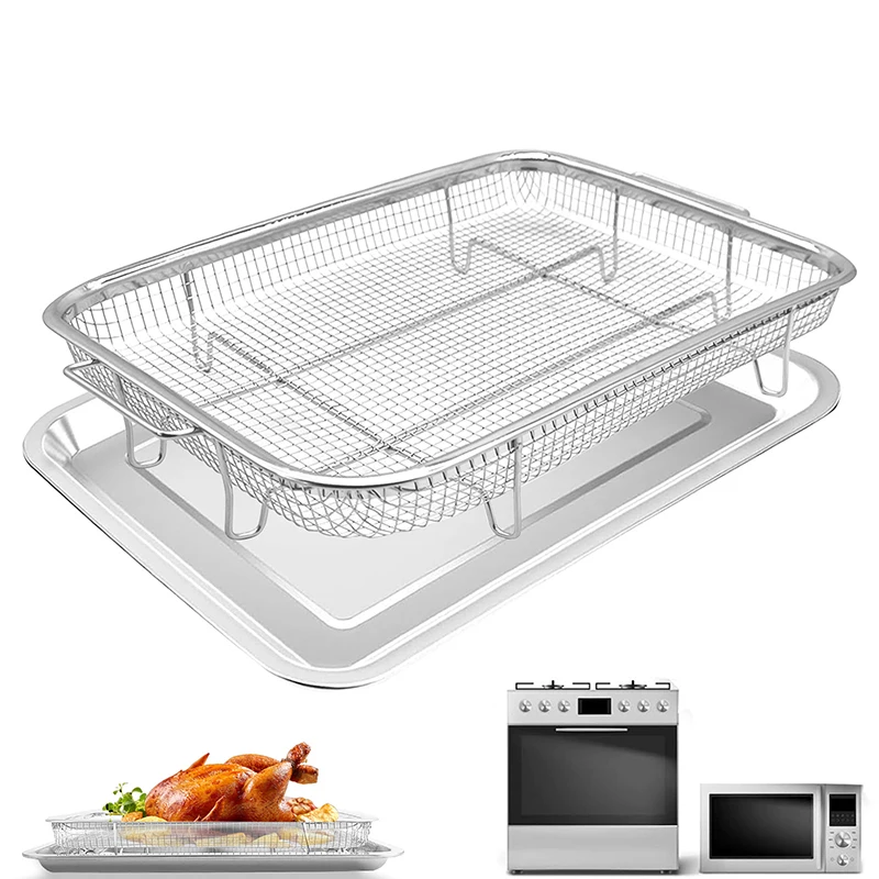

1Pc Stainless Steel Grill Basket With Baking Tray Oil Frying Baking Pan Drain Basket Non-stick Square BBQ Mesh Frying Colander