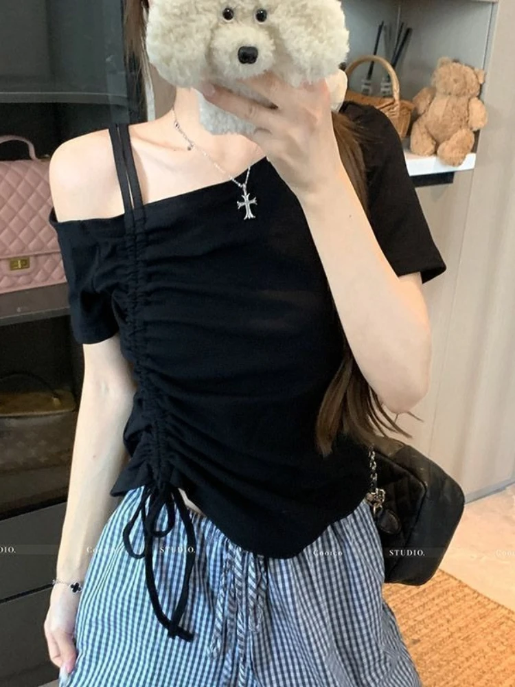 Sweet One Shoulder Drawstring Short Sleeve T Shirt Women Summer Off Shoulder Top Elegant Sexy Solid Color Cropped Basic Blouse image 5