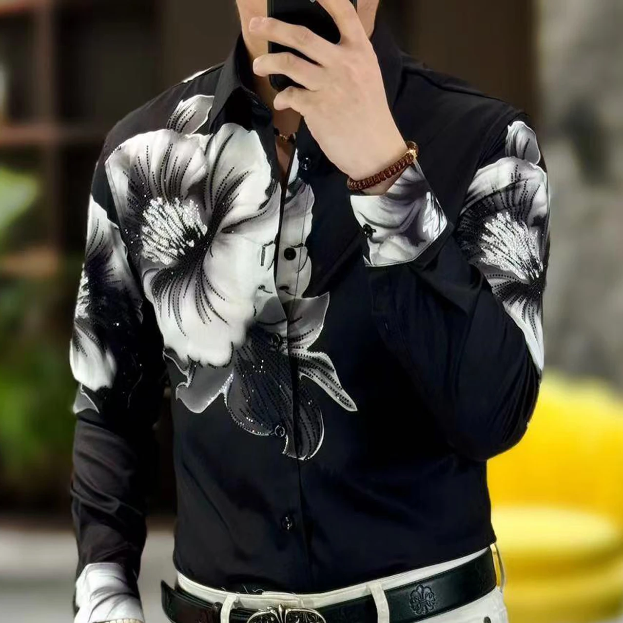 

High Quality Black White Print Shirt Men Rhinestones Shirt For Men Social Club Outfits Camiseta Masculina Flower Shirt Men