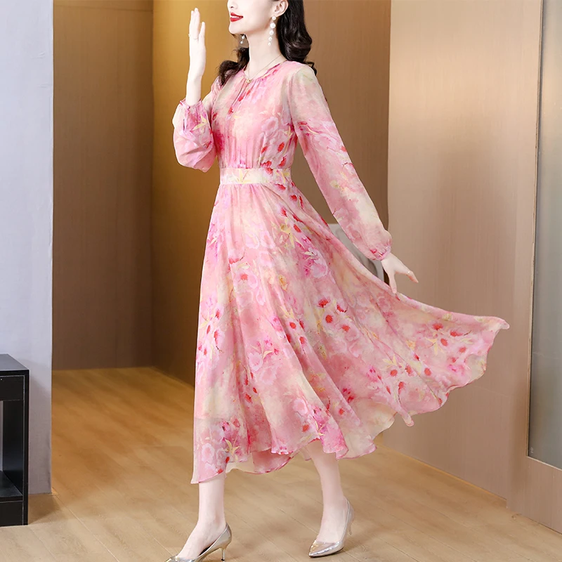 2023 New Fashion Silk Dress Women\'s Autumn Versatile Silk Print Knee Length Dress French Floral Loose Fit Casual Vesidos