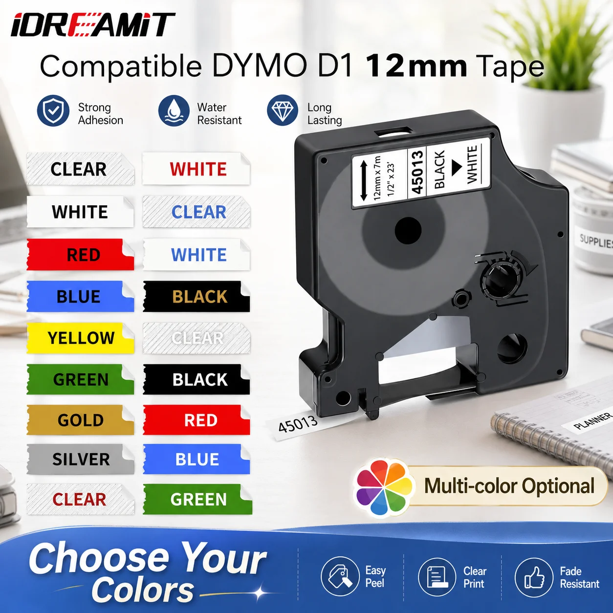 1 pack of 12mm Compatible DYMO D1 Label Tapes 45013 45010 45016 45017 45018 45019, compatible for DYMO Label Printers