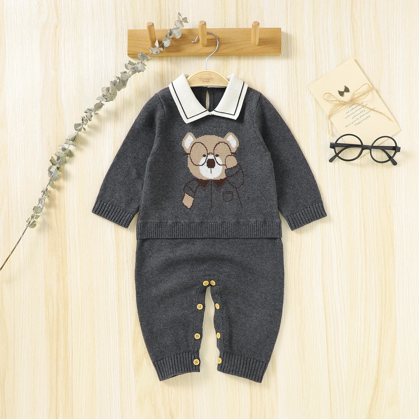 

Cotton Baby Romper Knitted Newborn Girl Boy Jumpsuit Fashion Turn-down Collar Cute Bear Infant Cartoon Clothes Long Sleeve 0-18M