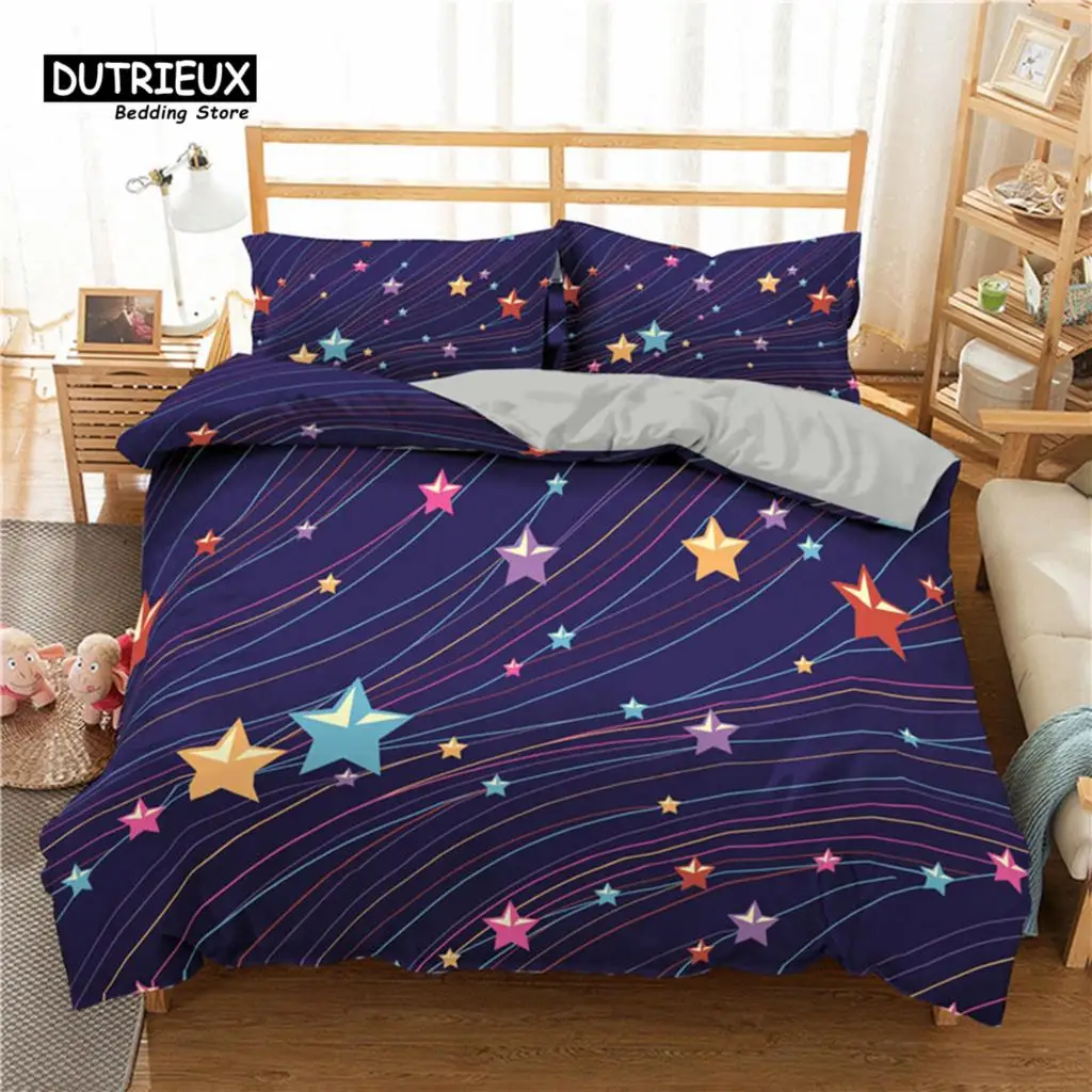 Stars Bedding Set Round Dots Starry Sky Print Duvet Cover Microfiber Galaxy Theme Comforter Cover King For Girl Teen Room Decor