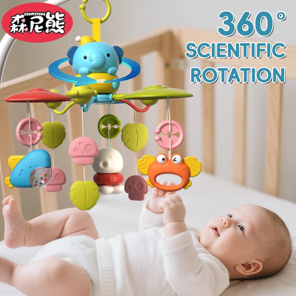 Sennixiong montessori elefante cama do bebê sino música luz rotação calmante infantil sensorial desenvolver chocalhos brinquedos para presentes da criança