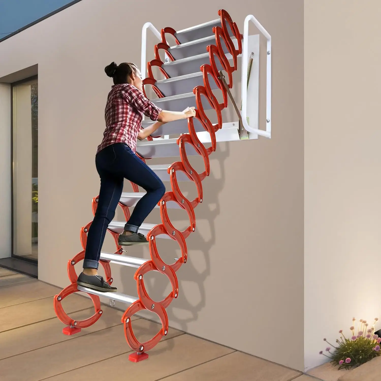 12 Steps Attic Folding Wall Mounted Ladder Orange Loft Folding 10FT HeightAttic Pull Down System Steps Ladd