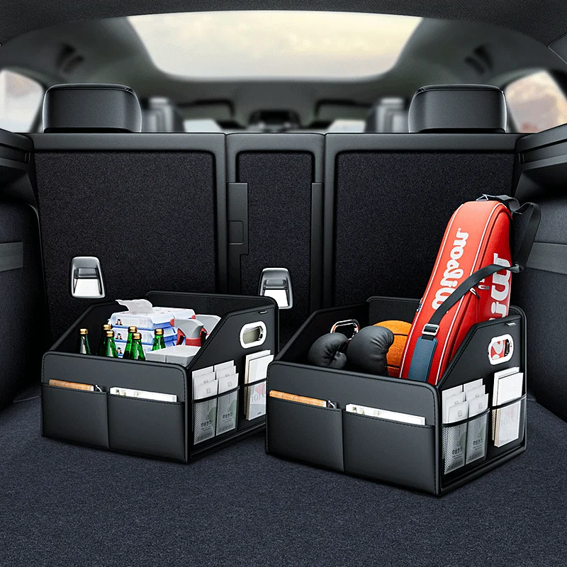 Multipurpose Collapsible Leather Car Trunk Storage Organizer with Lid - Portable Car Storage Box