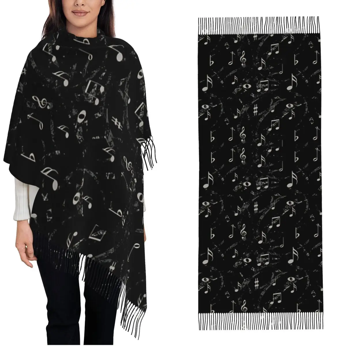 

Шаль с рисунком музыкальных нот, женский теплый длинный мягкий шарф, пашмины, шарфы с кисточками