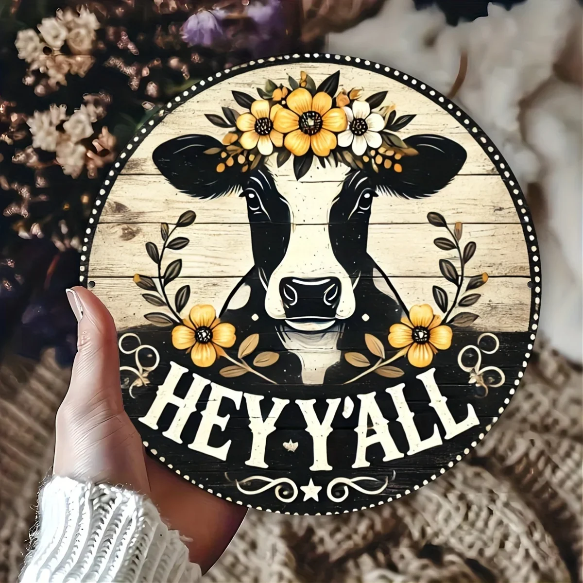 CIFBUY Rustic Farmhouse Aluminum Wall Decor, 7.87x7.87in 2D Flat Hey Y'All Bull Head Wreath, Kitchen Porch Hanging Plaque