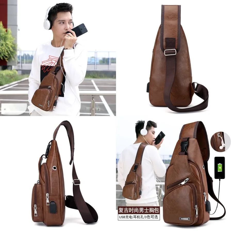 

【New style】USB data cable charging chest bag 2020 autumn new style single-shoulder backpack PU sports trend -body for men and