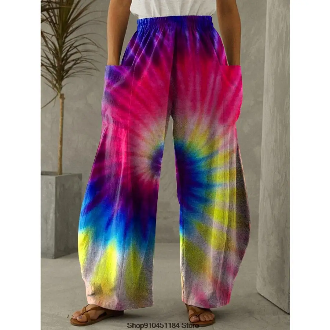 Printed Wide Leg Pants Vintage High Waist Trousers 3D Colorful Tie Dyeing Style Side Pocket Design Loose Casual Wide Leg Pants