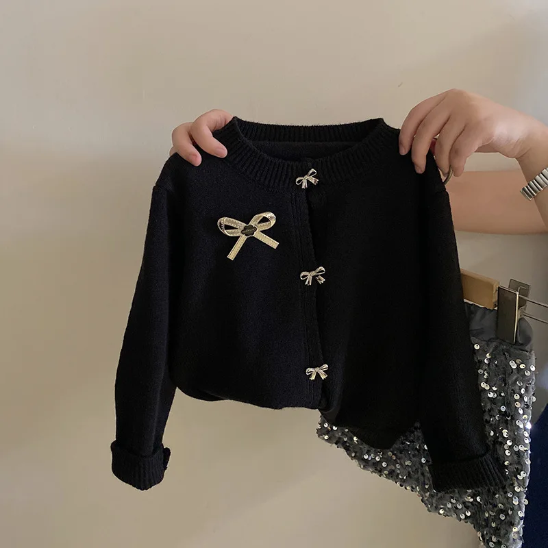 Spring Autumn Children Girl Two-piece Clothes Set Cotton Knotbow Single Breasted Cardigan Suit Elastic Waist Sequin Skirt Outfit