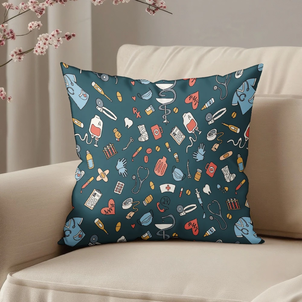 Square Throw Pillow Case Dark Teal Medical Icons Pattern For Living Room Bedroom Sofa Chair Home Decor Cushion Cover
