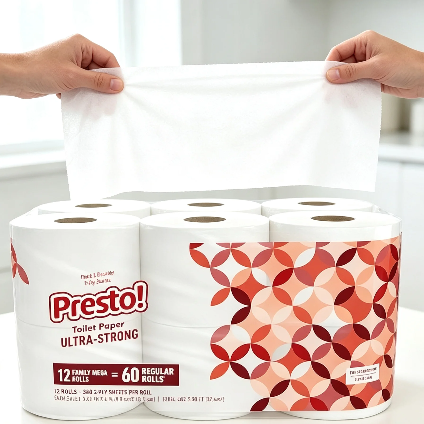 Brand - Ultra-Strong 2-Ply Toilet Paper, 12 Mega Rolls = 60 Regular Rolls, 308 Sheets Per Roll, Unscented