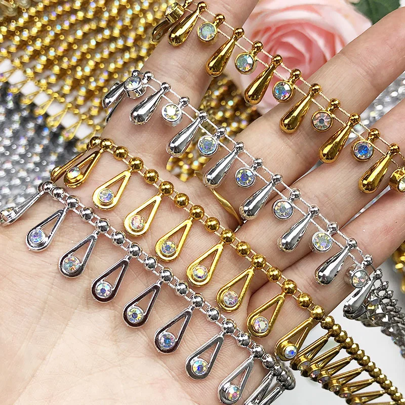 

4 Yards 1.6cm Wide Glittering Gold Teardrop Rhinestone Lace Chain Trim For Party Wedding Clothes DIY Sewing Garments Accessorie