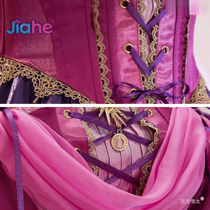 أزياء رابونزيل التأثيرية لفيلم القرون الوسطى الرائع للفتيات البالغات فستان الأميرة أغطية الرأس قلادة زي الهالوين مجموعة رابونزيل الجديدة