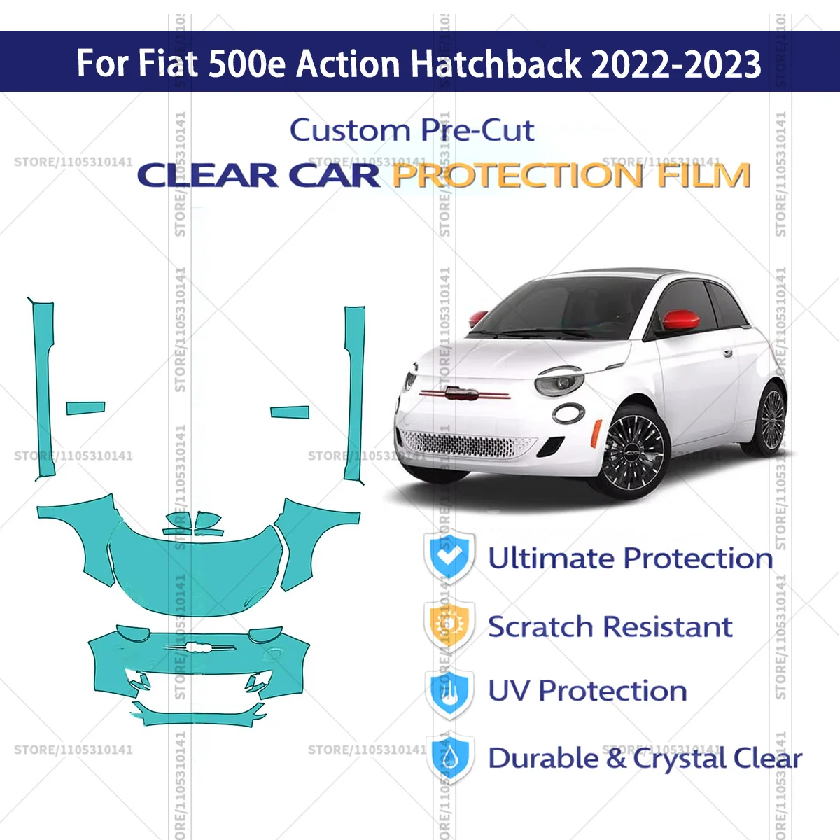 For Fiat 500e Action Hatchback 2022-2023 Pre-Cut Paint Protection Film PPF Transparent Car Film Automotive PPF Front Kit-Rockers
