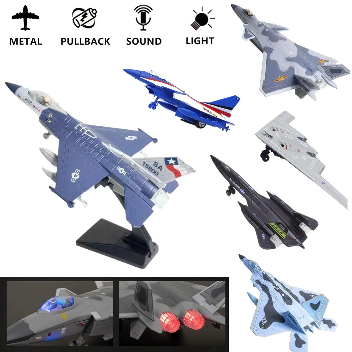 1:50 Pullback & Go Jet Fighter F16 F22 F35 B2 J31 Aircraft Toy, with Light Sound, Scale Diecast Plane Model Kid Boy Baby Gift