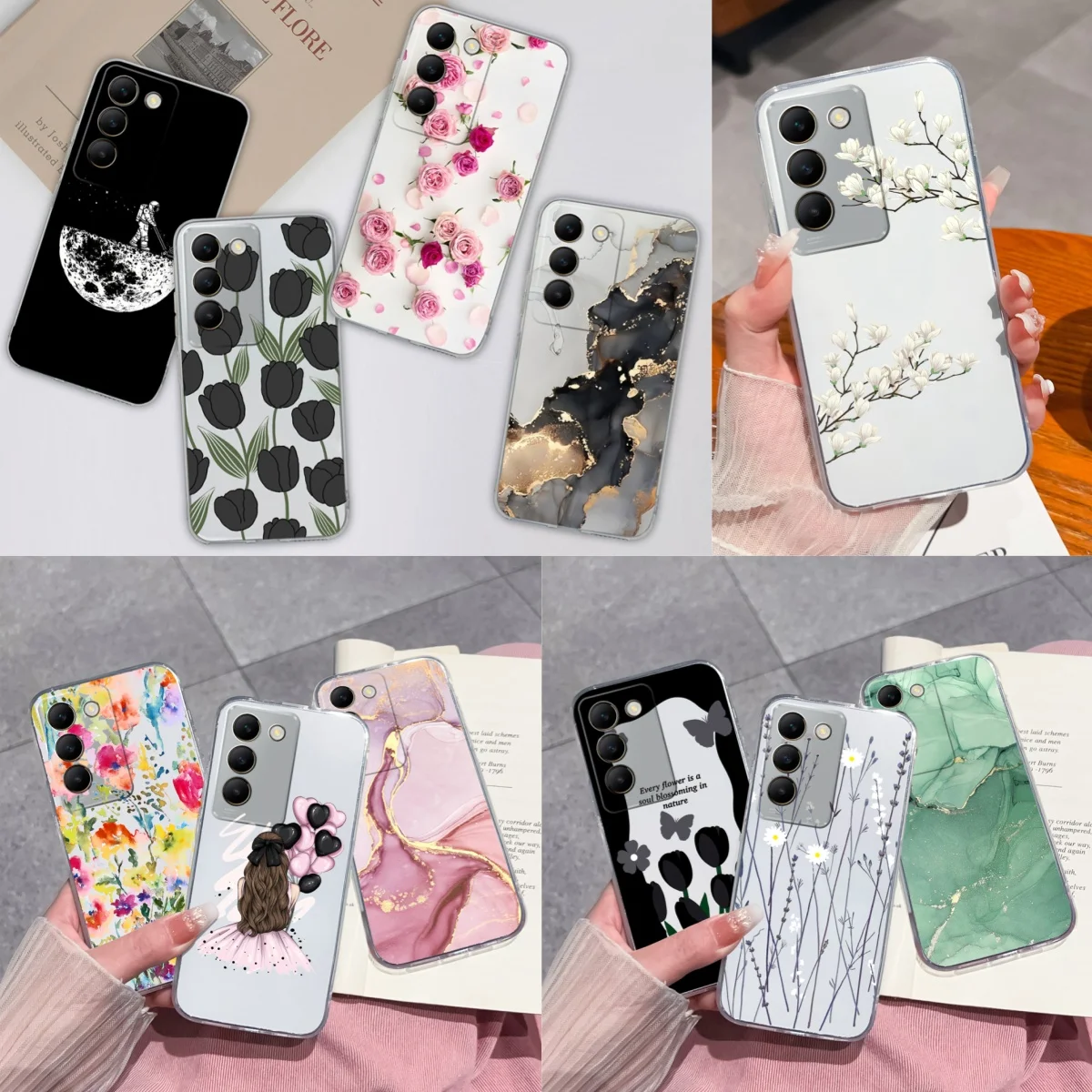 For Vivo Y100 Y200E V30 Lite 5G Phone Case Flower Painted Transparent Bumper Soft TPU Silicone Shockproof Back Cover Funda Coque