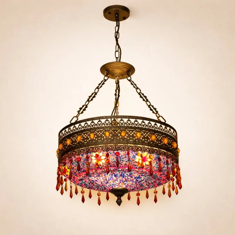 Turkish Mosaic Pendant Light Vintage Moroccan Chandelier Ceiling Lamp Handmade Colorful Glass Hanging Lamp for Living Room Decor
