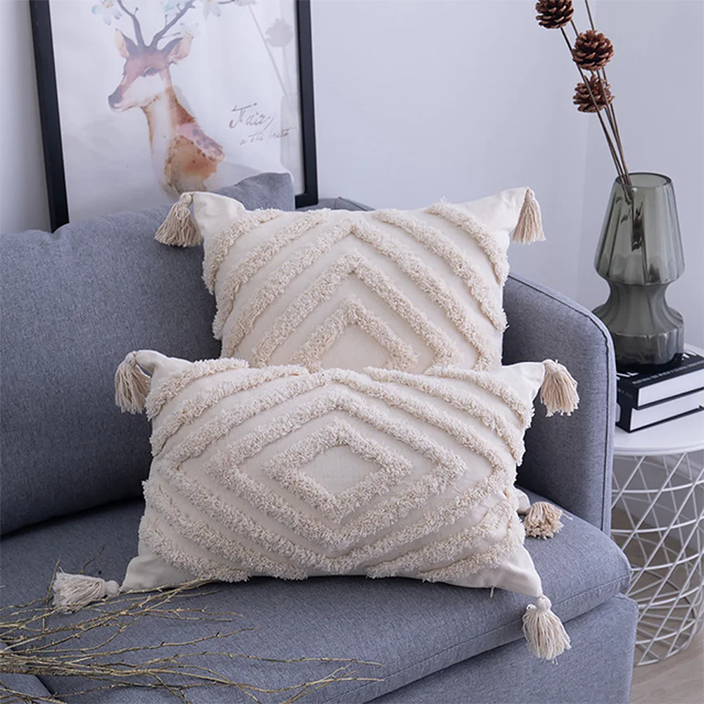 Sofa Living Room Decoration Home Decor Boho  Pillowcase With Tassels Beige Tassels Cushion Cover Handmade Woven Pillowcase