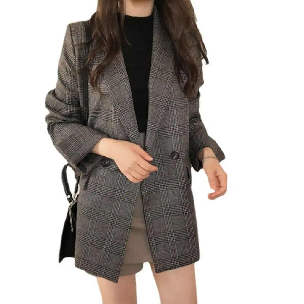 

Women's Korean Chic Retro Plaid Lapel Windbreaker Jacket Long-Sleeved Double Flap Pocket Pants Spring Fall Small Suit