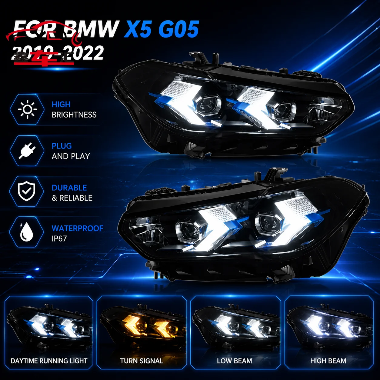 

Car DRL LED Headlight Light Assemblies For BMW X5 G05 2019-2022 Auto Fog DRL Brake Turn Signal Lamp Plug and Play