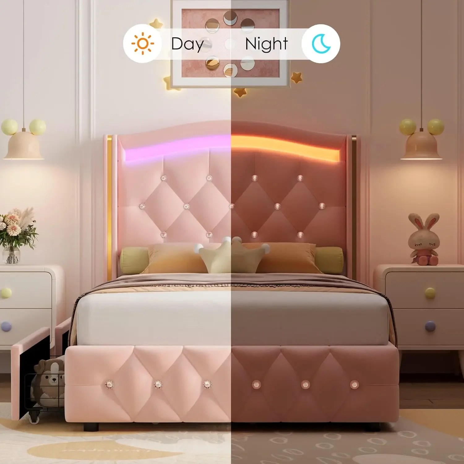 Gestoffeerd LED-bedframe voor twee personen, met kristallen getuft hoofdeinde en 4 opbergladen, fluwelen prinses twin-size platform