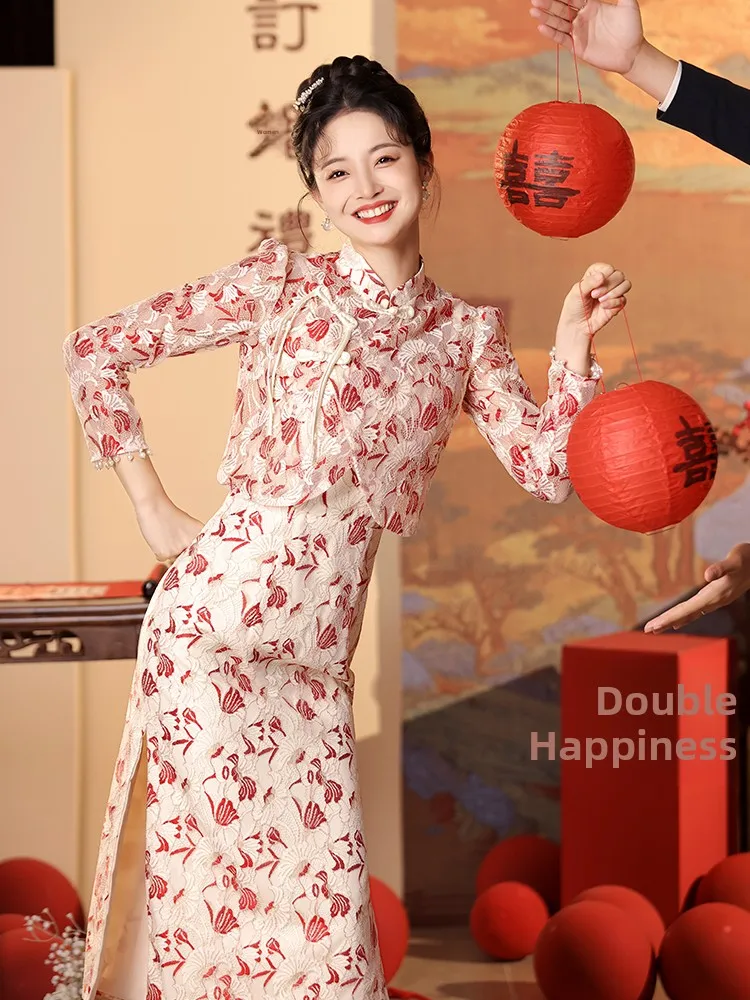 

Bridesmaid Long Sve Lace Qipao Engagement Dr Chinese Sle Wedding Dr ort Women Cus Made Dr Floral Print Vin...