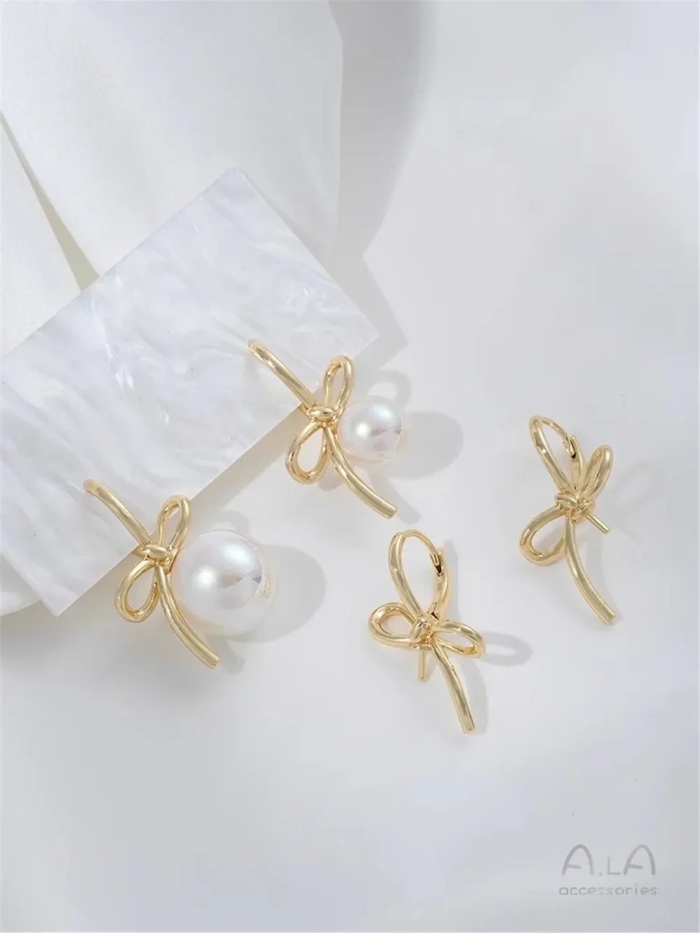 

14K Gold Lined Bow with Half Hole Bead Holder and Ear Buckle, Handmade Pearl Earrings and Ear Jewelry Material, DIY