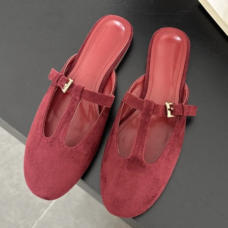 

Brand Designer T Strap Buckle Design Flat Sandals Women Faux Suede Round Toe Mules Shoes Ladies Comfort Casual Loafers Slippers