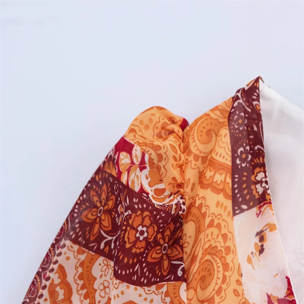   Robe longue à manches longues et col carré pour femmes, avec cravate à la taille imprimée Paisley Orange et rouge, Style bohème, 2025