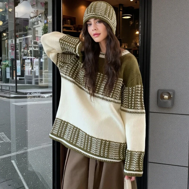 

Autumn Winter Loose Knitted Sweaters and Hat Korean Fashion Jacquard O-Neck Women Pullover Sweater Long Sleeve Office Lady Tops