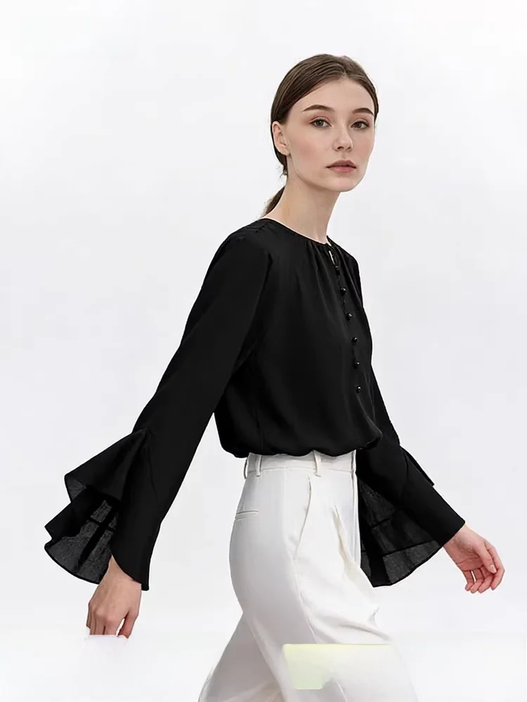

i Spring 2026 Women's Casual Sle round Ne Two-Way Wear oulder Sve Flared Sve Chiffon Top Casual Faion Trend