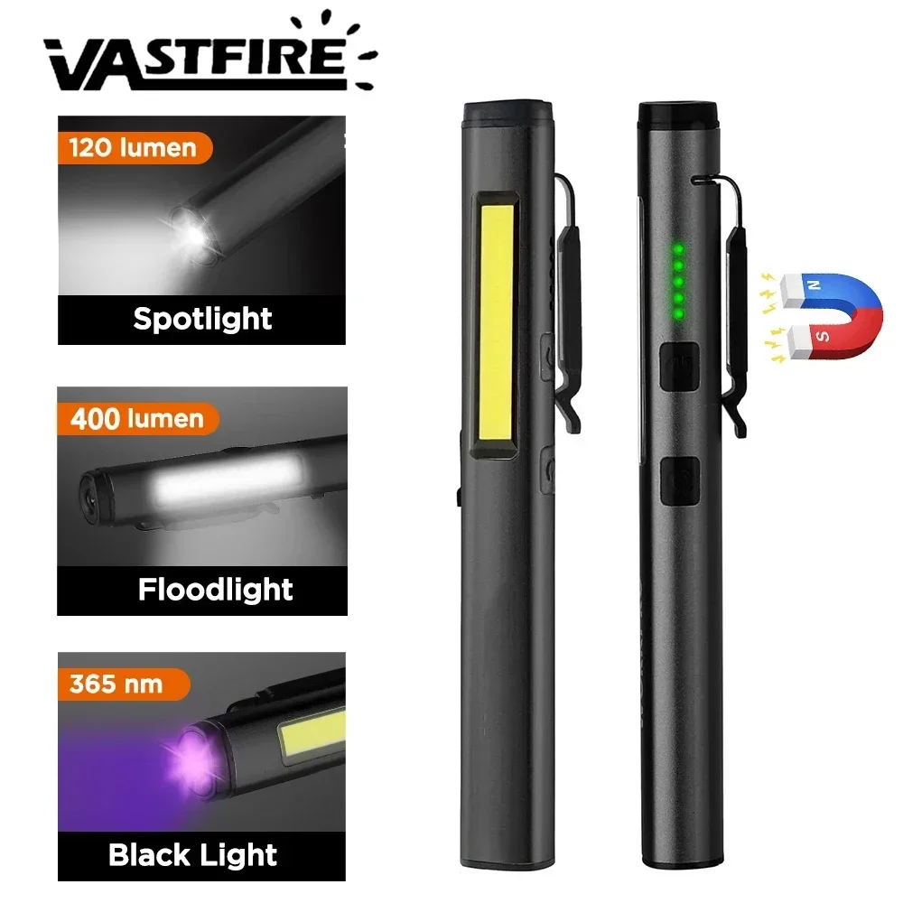 Multifunctional 4 in 1 LED Flashlight Mini USB Rechargeable 800mah Pen Clip Flashlight 365nm UV Light COB Camping Work Repair