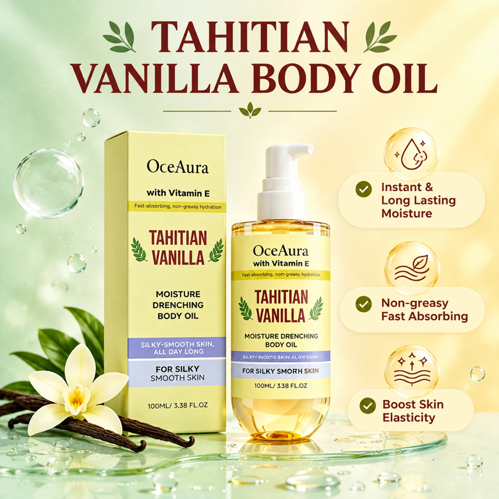 Oceaura Tahitian Vanilla Body Oil Fast Absorbing Non-Greasy Moisturizing Boost Elasticity Silky Smooth Daily Body Skin Care