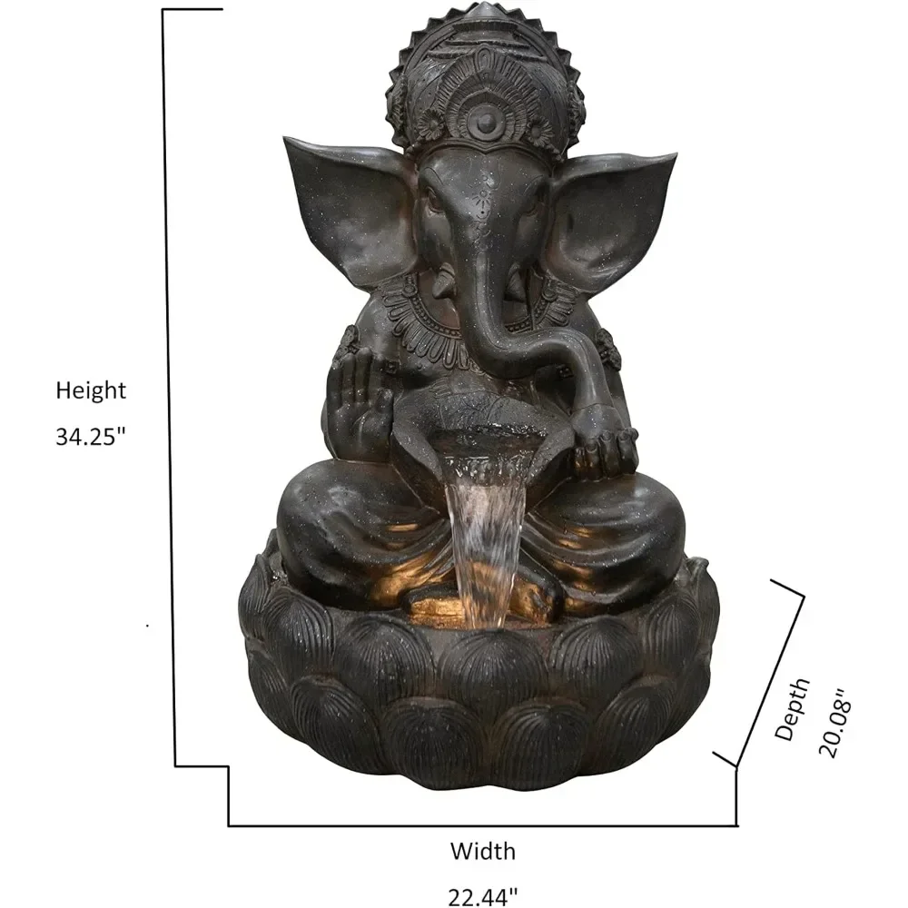 35In Ganesha Sculptural Outdoor Fountain with Warm White LEDs 1x6pc Warm White LED Included, Pump and Adapter Included.