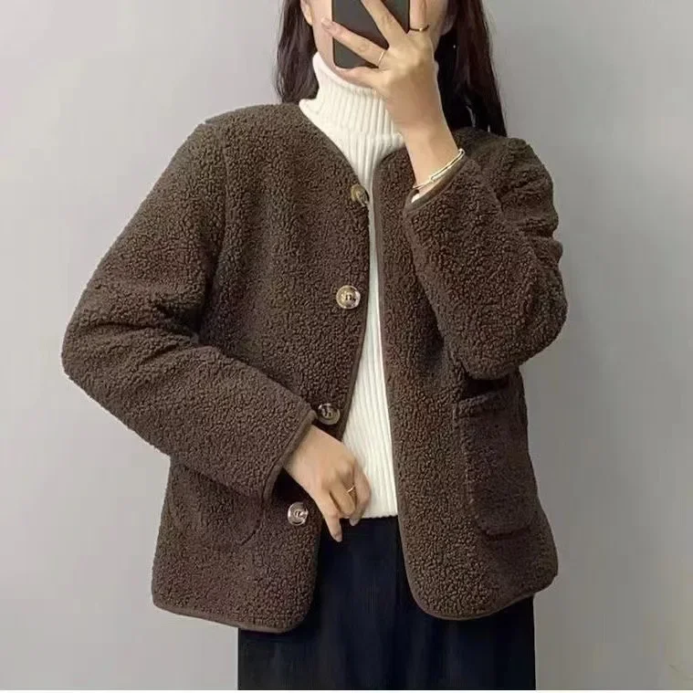 Plus Size New Style Korean Version Loose Fit Women's Lamb Wool Jacket Autumn Petite Loose Fit Sheep Velvet Cardigan Solid Col...