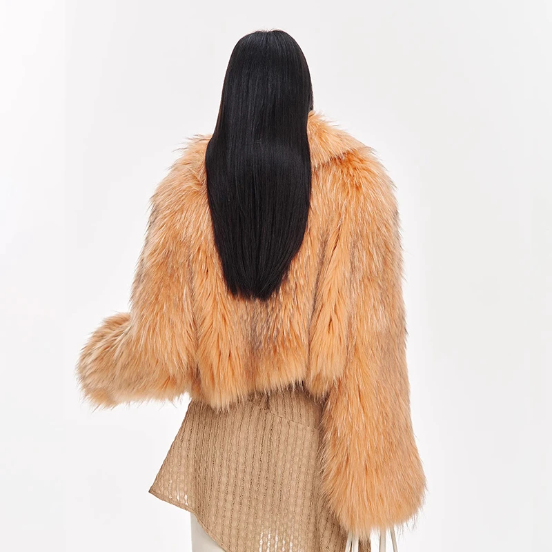 Ftangaiur Women Winter Import Raccoon Dog Fur Coat Light Color Fur Coats Turn-Down Collar Short Natural Raccoon Dog Fur Coats