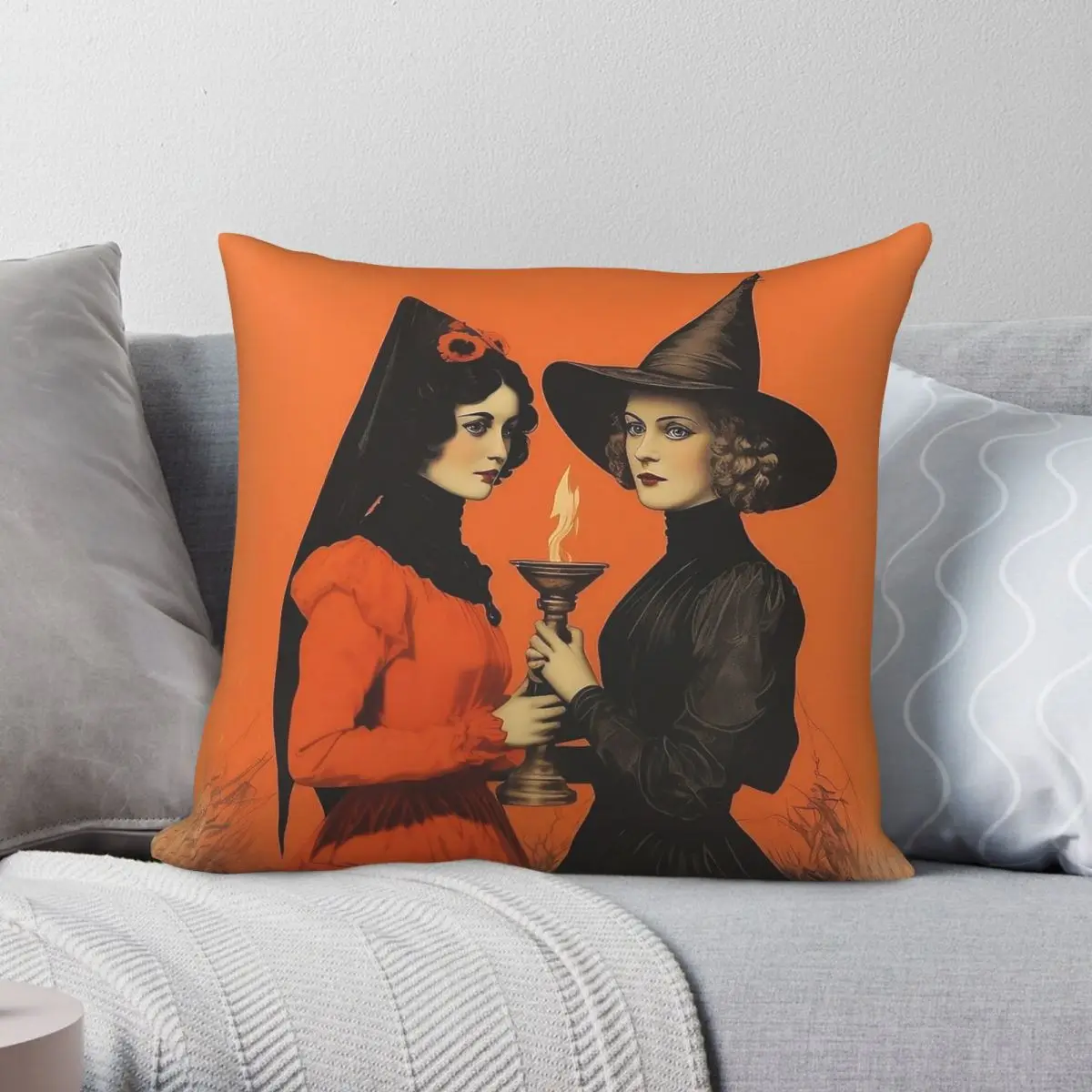 Vintage Sapphic Witches Pillowcase Polyester Linen Velvet Pattern Zip Decorative Pillow Case Bed Cushion Case