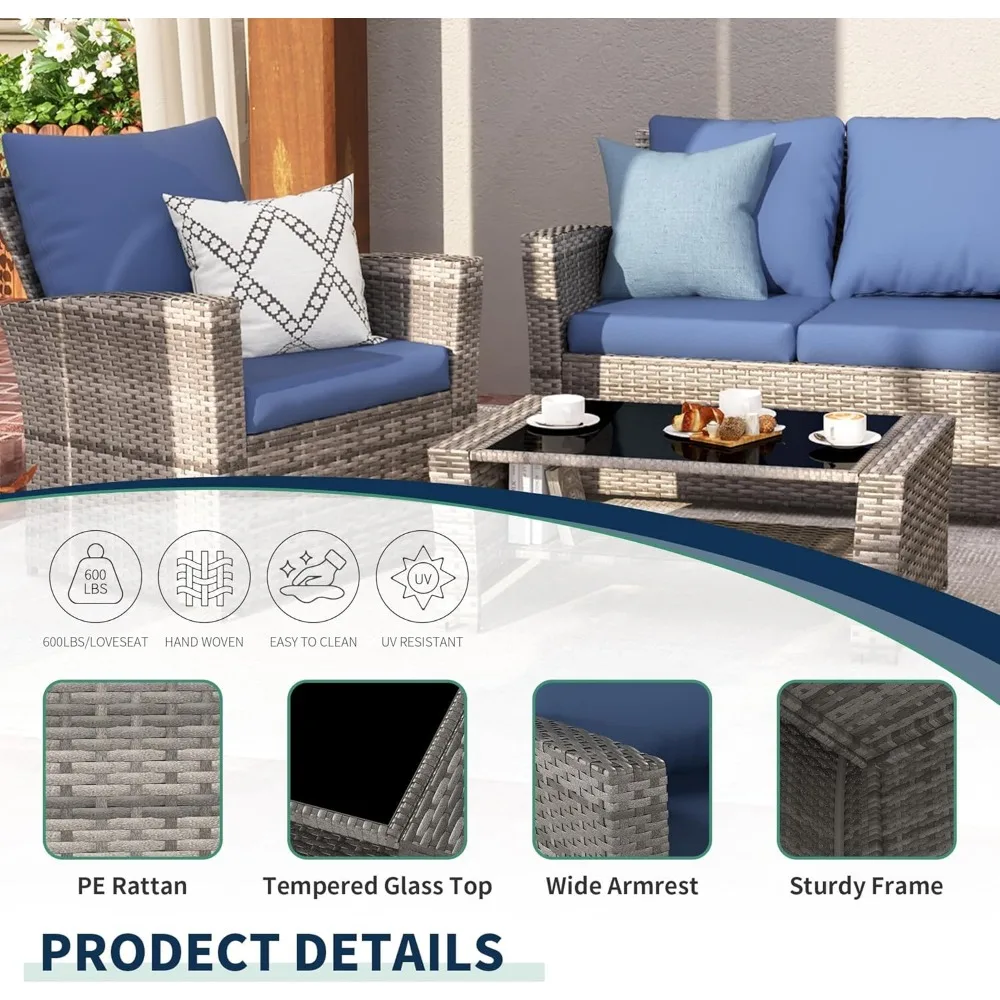 4 Pieces Patio Furniture Set,Wicker Outdoor Sectional Sofa Sets, Grey PE Rattan Patio Conversation Set Balcony, Porch, Blue