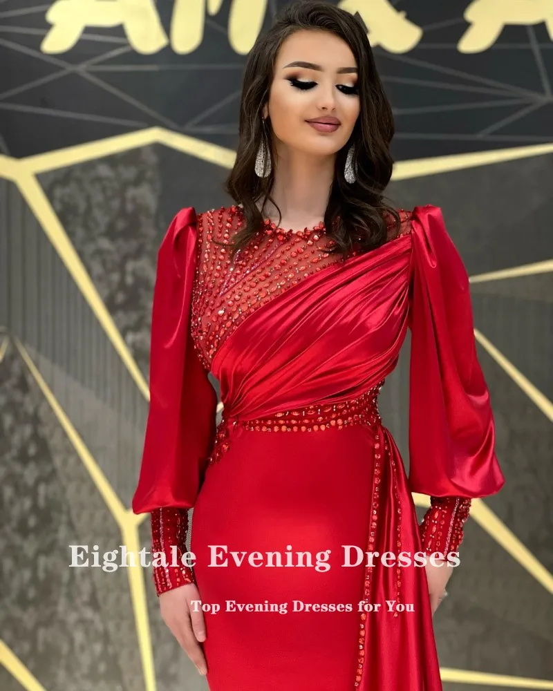 Eightale Arabic Evening Dresses Mermaid Beaded Satin Long Puffy Sleeves Dubai Customized Celebrity Prom Party Gowns for Wedding