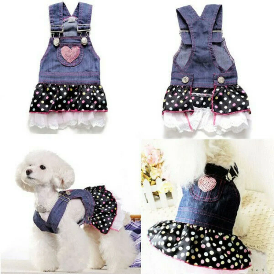 Denim Dot Dog Dress, Summer Pet Clothes, Wedding Skirt, Spring