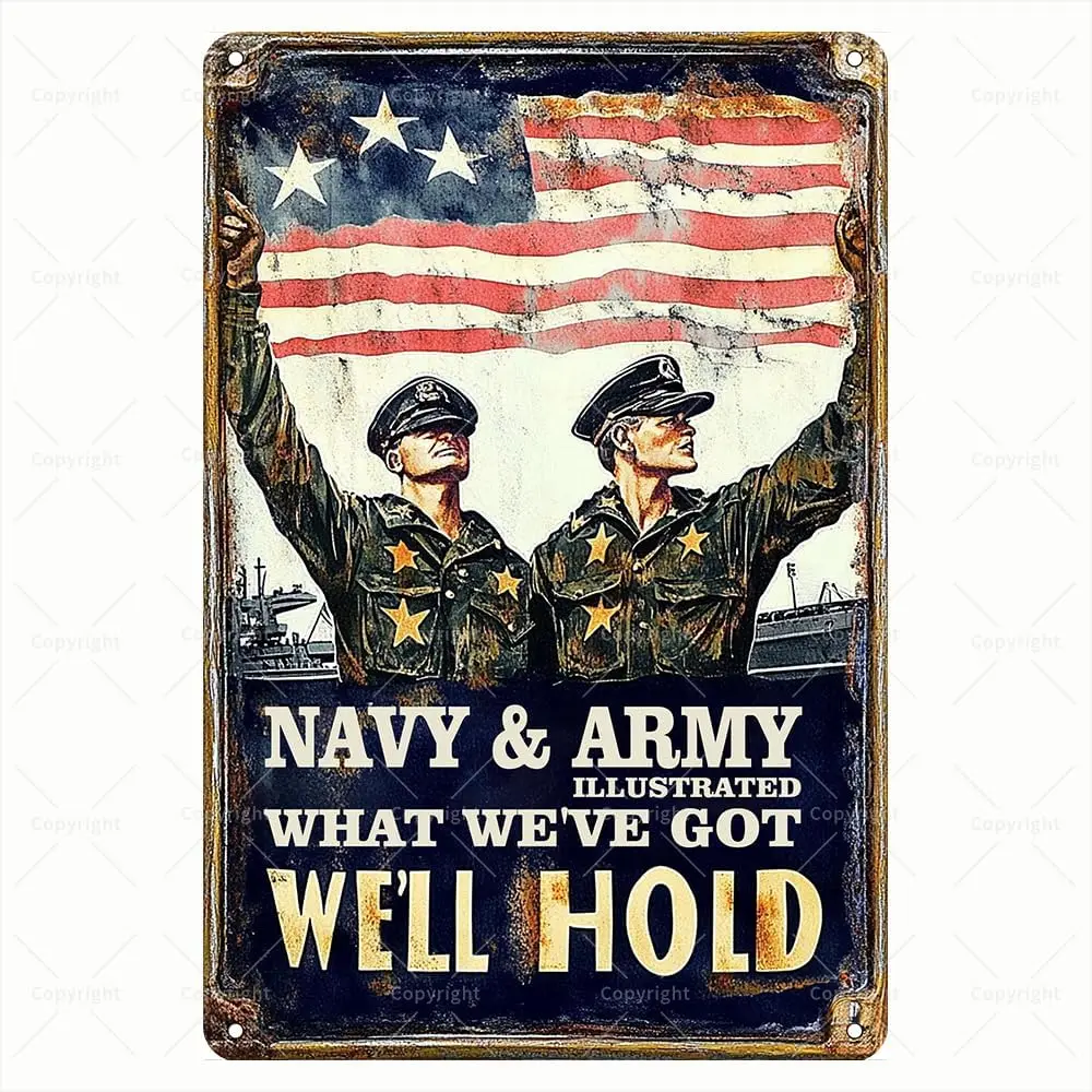 Vintage Tin Sign - Navy ; Army Illustrated Soldiers Saluting with Flag Design Retro Metal Sign - Decorative Tin Sign for Militar
