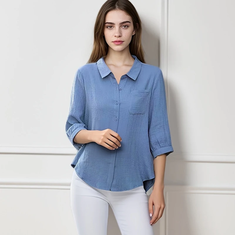 

Blue Turn-down Neck Simple Solid Shirt And Blouse Short Sleeves OL Trend Loose Top Women Clothes All-match Luxury Summer Fashion