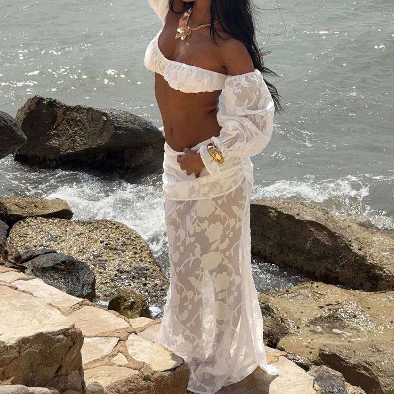 

Женский комплект из 2 предметов для отдыха, пляжной вечеринки, летний прозрачный топ с длинными рукавами и вырезом на шее + подходящие макси-юбки, костюм, весенняя одежда Mujer